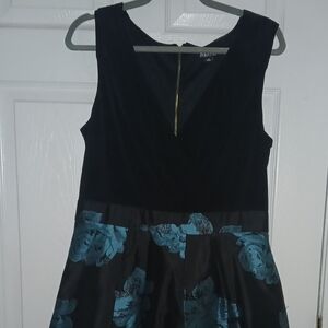 SLNY Black Sleeveless Midi Dress with Teal Floral Skirt